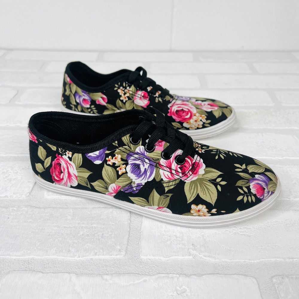 Womens Black Floral Canvas Low Top Lace Up Sneakers Size 5/6 Pink Purple Rose